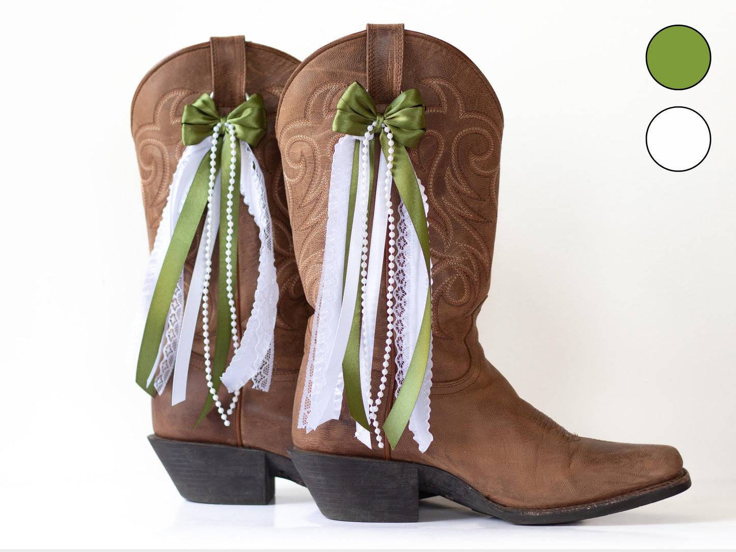 Olive Green and Pearl White Sorority Boot Bows