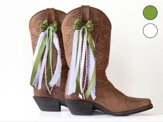 Olive Green and Pearl White Sorority Boot Bows